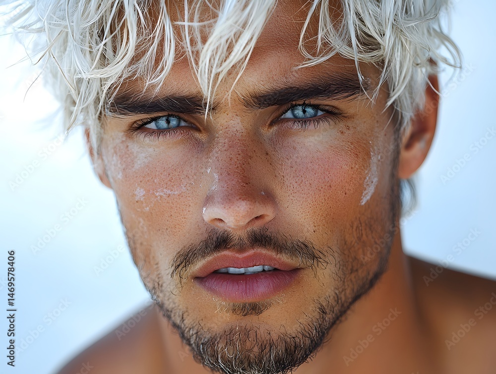 Captivating close up portrait of a handsome man with silvery hair and a trimmed beard