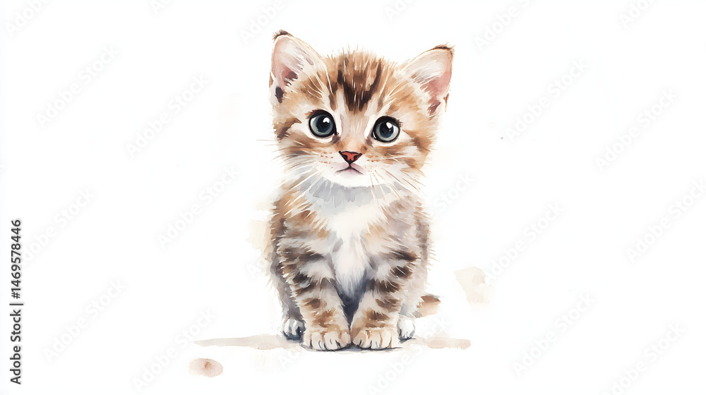 Obraz premium Watercolor Illustration of cat, tabby cat on the white background.