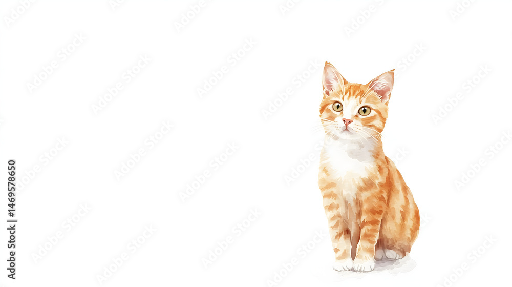 Fototapeta premium Watercolor Illustration of cat, orange tabby cat on the white background.