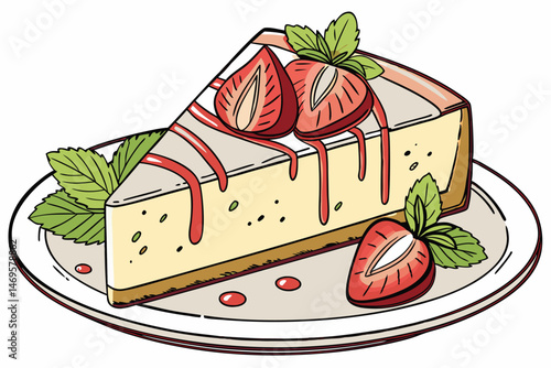 106 a creamy smooth cheesecake slice on a plate, decorated with fresh strawberry slices and mint leaves, delicately plated, high-quality food photography