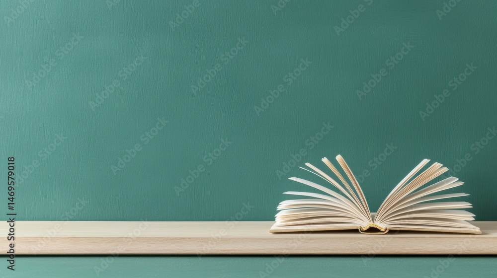 Fototapeta premium An open book on a wooden shelf.