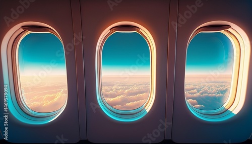 three windows airplane looking out vast expanse sky the interior
