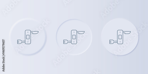 Grey Swiss army knife icon isolated on grey background. Multi-tool, multipurpose penknife. Multifunctional tool. Set icons in square buttons. Vector
