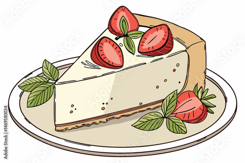106 a creamy smooth cheesecake slice on a plate, decorated with fresh strawberry slices and mint leaves, delicately plated, high-quality food photography