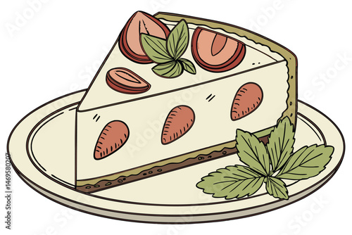 106 a creamy smooth cheesecake slice on a plate, decorated with fresh strawberry slices and mint leaves, delicately plated, high-quality food photography