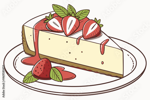 106 a creamy smooth cheesecake slice on a plate, decorated with fresh strawberry slices and mint leaves, delicately plated, high-quality food photography