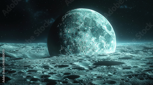 Dramatic view of a massive moon rising over a barren, crater-filled alien landscape, capturing the mystery and vastness of space.  
