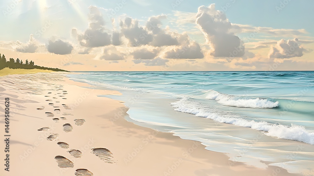 Fototapeta premium Beach Footprints Sunset Ocean.