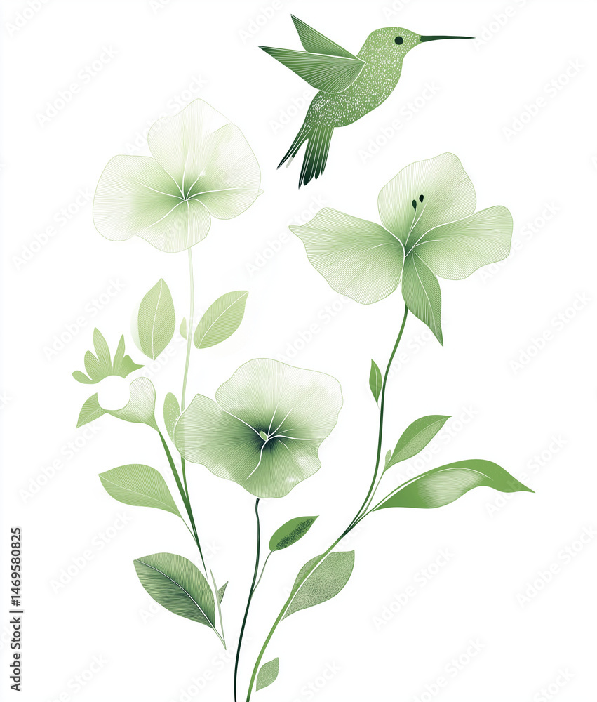 Obraz premium Black and white vector illustration of a hummingbird flying above black flowers.