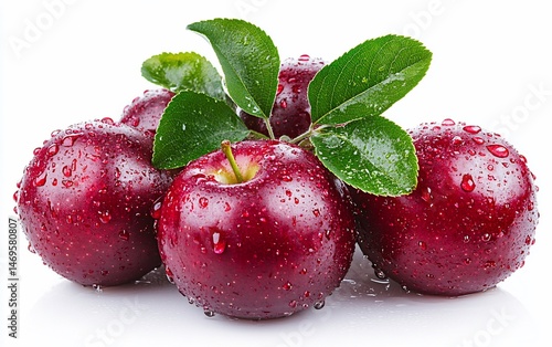 Wallpaper Mural Fresh, vibrant red apples with green leaves and water droplets. Close-up studio shot against a white background.. Torontodigital.ca