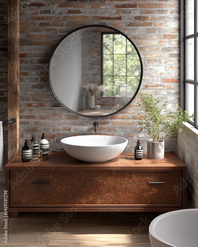 Modern bathroom with round mirror, clean white sink, and rustic wood vanity