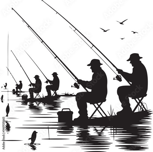fishing, silhouette, fisherman, vector, fish, water, sport, people, rod, sea, leisure, sunset, illustration, nature, woman, hobby, angler, fun, ocean, fisher, person, men, boy, black, rope