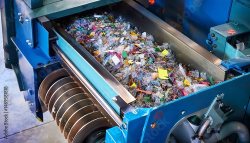 a roller shredder machine with sharp metal cutter blades cutting and grinding collected plastic trash into smaller tiny bits to be process during recycling to help reduce waste and pollution closeup