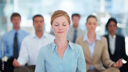 Focused group of business professionals meditating in office setting. photo