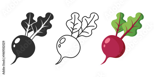 Beetroot vegetable with leaves icon set collection in flat style. Beet plant vector illustration on isolated background. Healthy food sign business concept.
