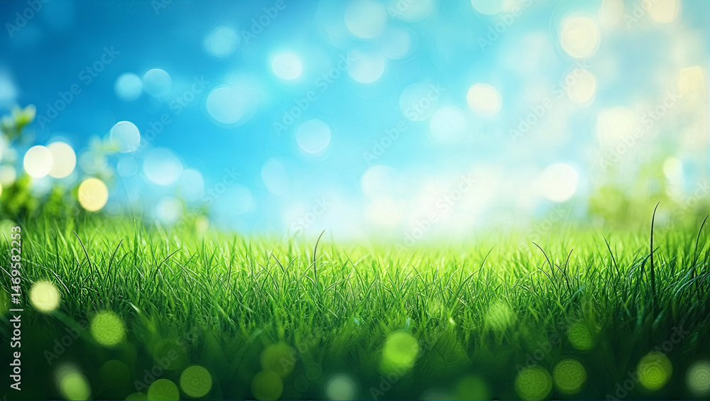 Obraz premium A serene landscape showcases lush green grass under a vast blue sky enhanced by a soft bokeh effect creating a dreamy haze and vibrant textures in a calming atmosphere - Nature Background with copyspa