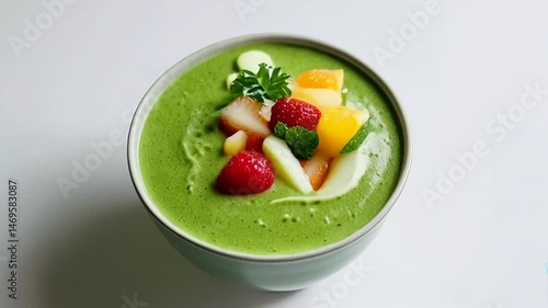 Serving Green Fruit Soup with Fresh Fruit Topping Close Up
