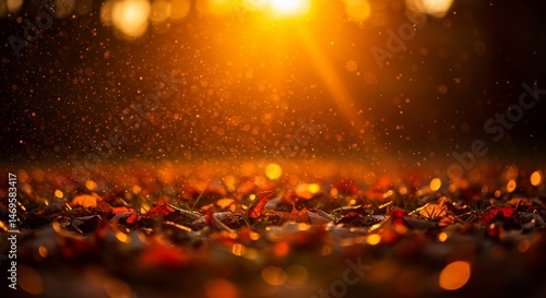 Enchanting Autumn Sunset: Golden Hour Magic on Fallen Leaves with Sparkling Dust. High quality professional stock photo suitable for commercial use.