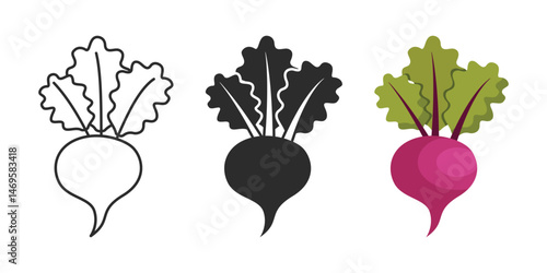 Beetroot vegetable with leaves icon set collection in flat style. Beet plant vector illustration on isolated background. Healthy food sign business concept.
