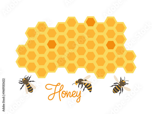 Artistic depiction of honeycomb and bees on a white background