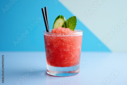 Refreshing watermelon slushie served in a glass with mint and cucumber garnish on a blue background