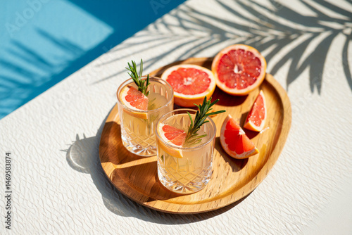 Refreshing grapefruit cocktails served on a wooden tray next to a pool with palm shadows