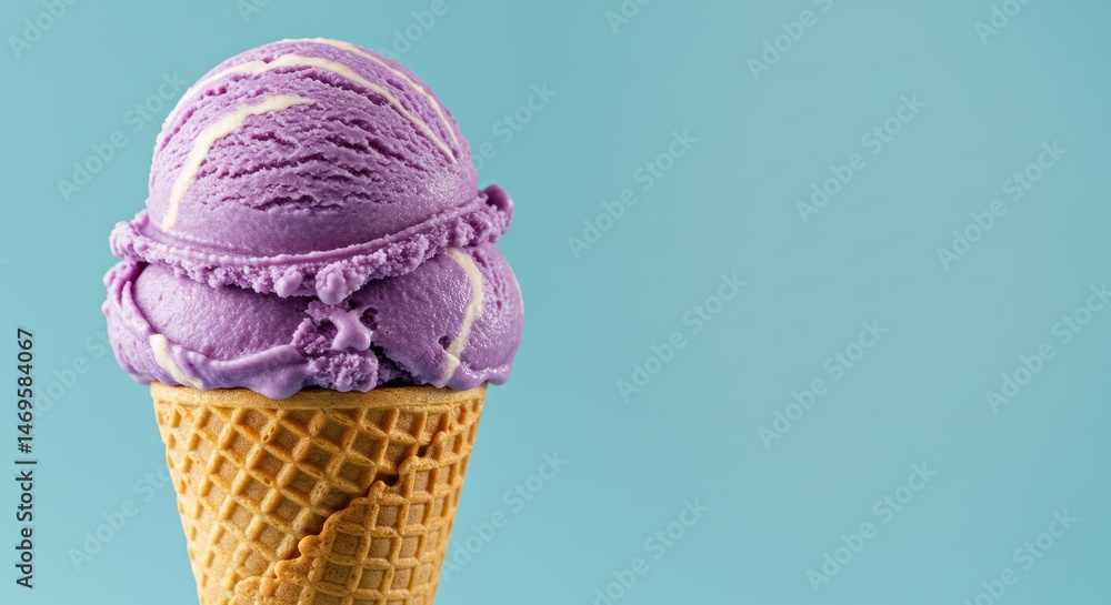 A purple ice cream scoop in a waffle cone against a blue background. A purple ice cream scoop in a waffle cone against a blue background.