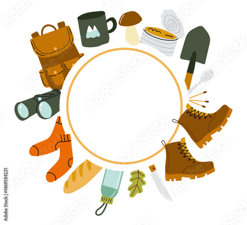 Illustration of outdoor adventure gear and supplies for hiking and camping trips