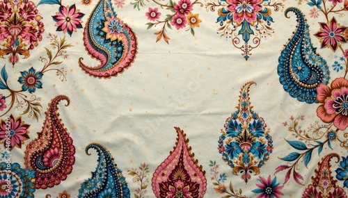 Subtle paisley pattern in muted shades on linen texture, muted tones, simple, calming