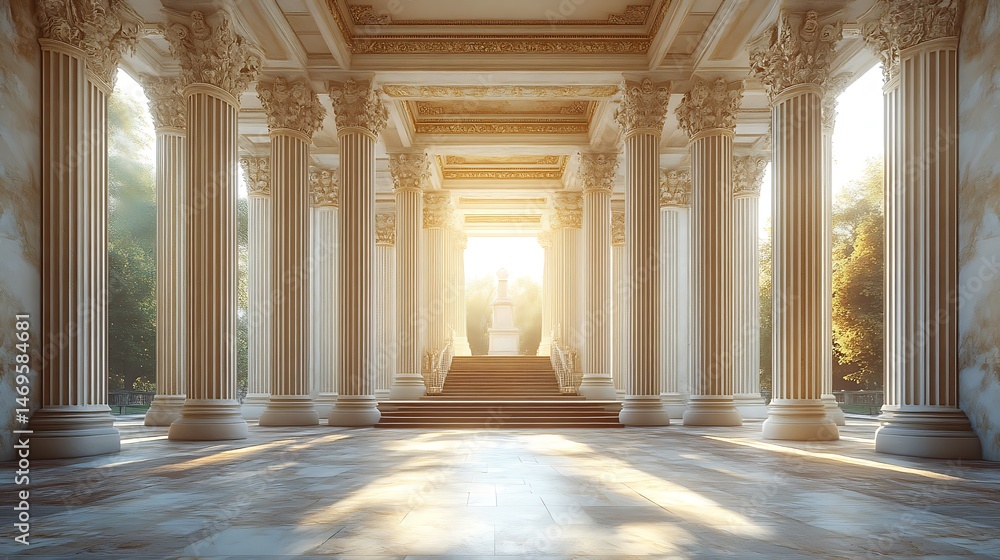 Obraz premium Sunlit neoclassical interior architecture hall high resolution image