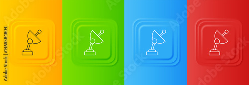 White Radar icon isolated on colorful background. Search system. Satellite sign. Set icons in square buttons. Vector