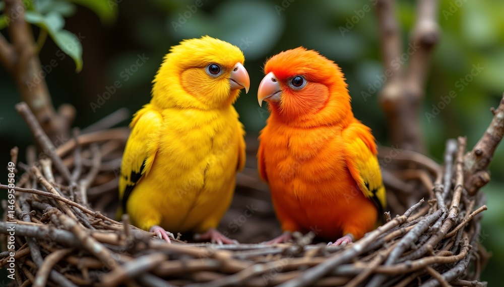 Fototapeta premium two vibrant birds, one a sunny yellow and the other a fiery orange, sit perched side by side in a cozy nest