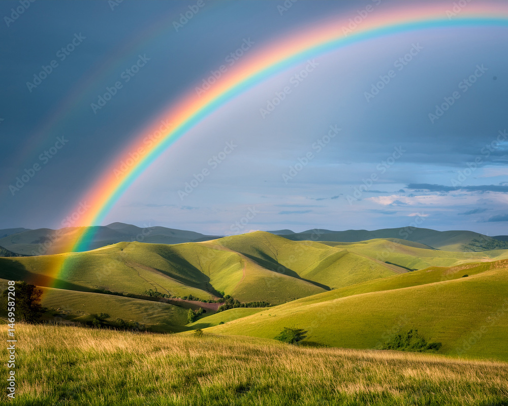 Obraz premium High-resolution pastel rainbow over rolling hills, centered in frame, soft tones and studio clarity