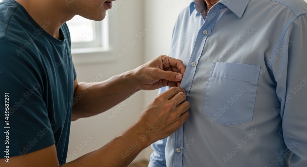 A person buttoning up another person's light blue shirt in a bright indoor environment scene view A person buttoning up another person's light blue shirt in a bright indoor environment scene view