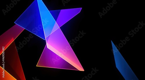 Abstract artwork featuring vibrant, translucent triangular shapes in blue, purple, red, and orange against a black background