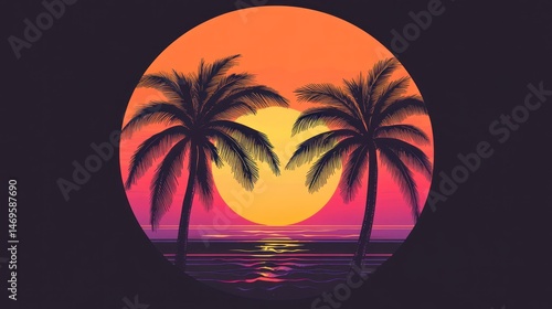 Tropical sunset beach palm trees ocean; vacation poster