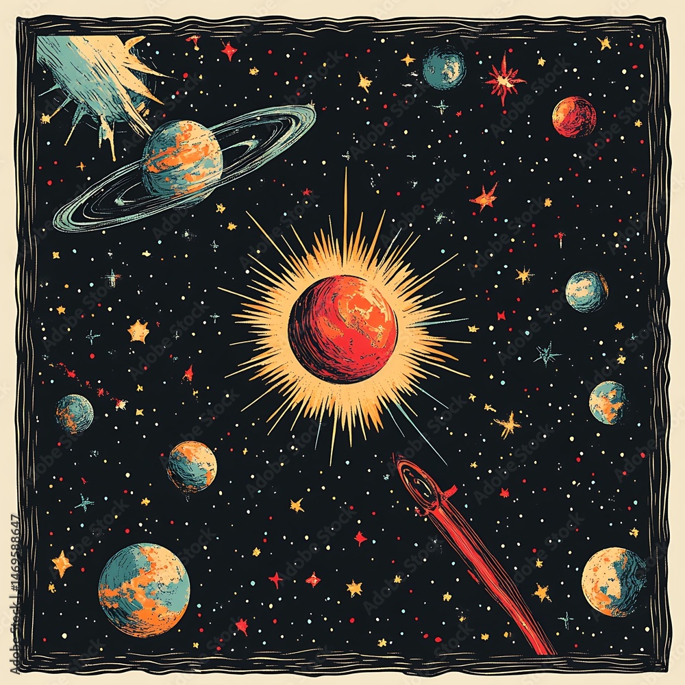 Fototapeta premium Rocket launching towards exploding planet in space; cosmic background; science fiction illustration