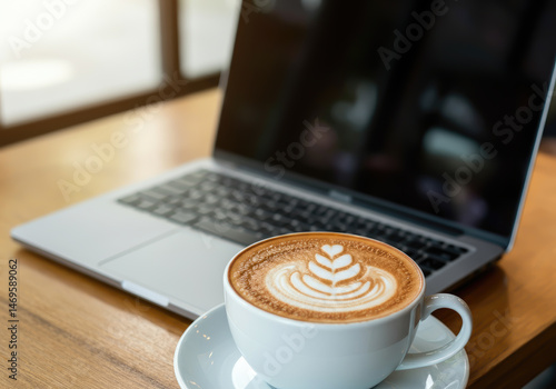 Coffee sits beside a laptop on a wooden table inside a cozy cafe with natural light in the background