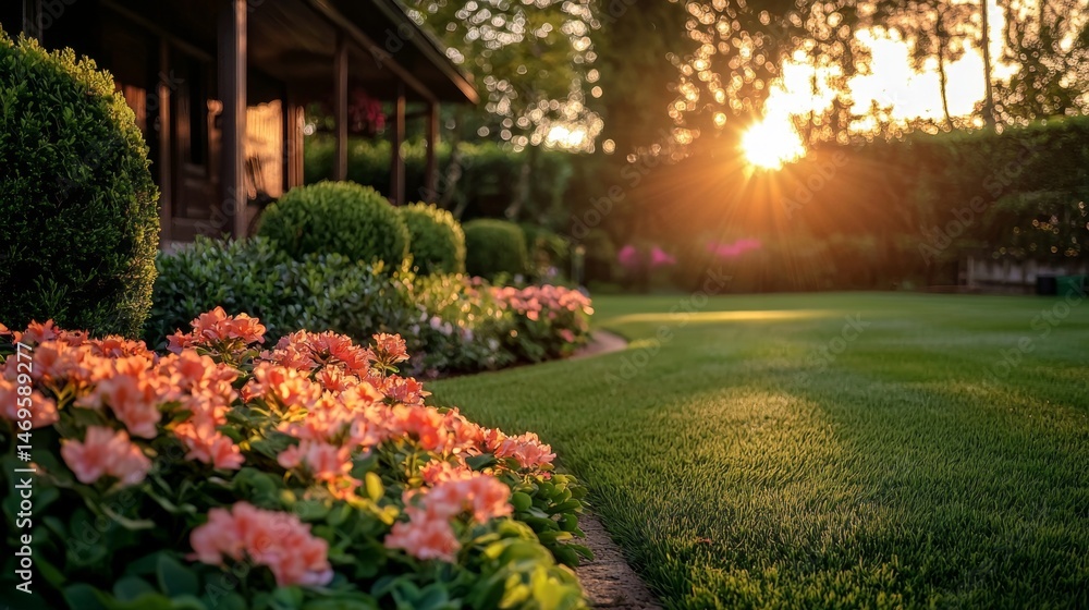 Naklejka premium A stunning manicured lawn enhances the beauty of a private garden.