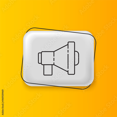 Black Megaphone icon isolated on yellow background. Loud speach alert concept. Bullhorn for Mouthpiece scream promotion. Silver rectangle button. Vector