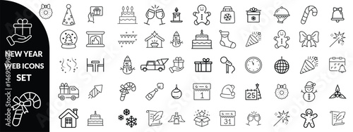 New year set of web icons in line style. Merry Christmas and Happy New Year linear icon collection. Containing winter, xmas, celebration, party, birthday, event, santa, tree, snow