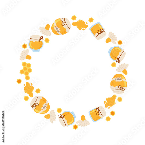 Colorful honey jars arranged in a circular pattern with honey and beeswax accents