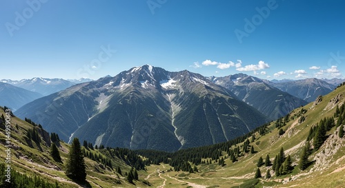 Wallpaper Mural Breathtaking panoramic view of majestic snow-capped mountains under a brilliant blue sky, showcasing lush green valleys, forests, and natural beauty. Torontodigital.ca