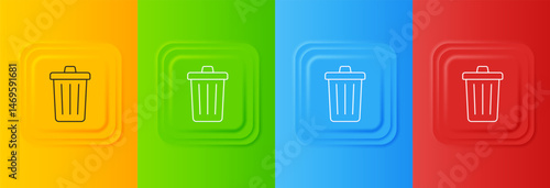 White Trash can icon isolated on colorful background. Garbage bin sign. Recycle basket icon. Office trash icon. Set icons in square buttons. Vector