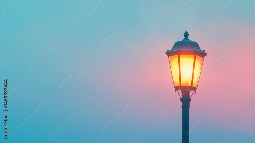 A street lamp with a glowing orange light. A street lamp with a glowing orange light.