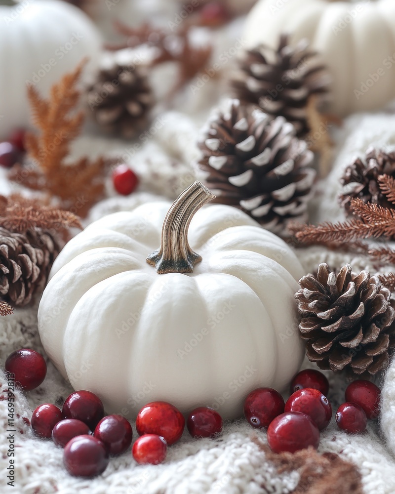 Festive autumn display with white pumpkins, pinecones, and cranberries Festive autumn display with white pumpkins, pinecones, and cranberries
