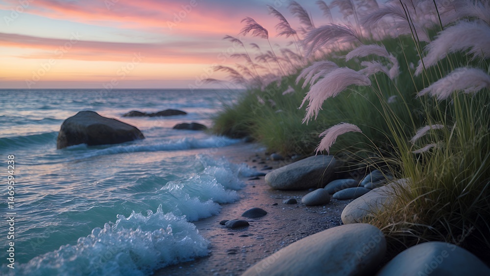 Obraz premium Waves Lapping Shore at Sunset with Pampas Grass and Smooth Rocks