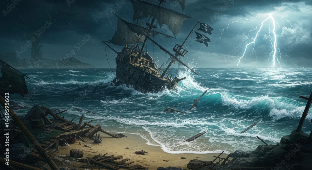 Fototapeta premium Dramatic pirate ship wreck stormy sea epic lightning danger adventure
