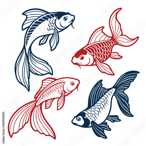 Four Koi Fish Designs Red and Blue Line Art Illustration
