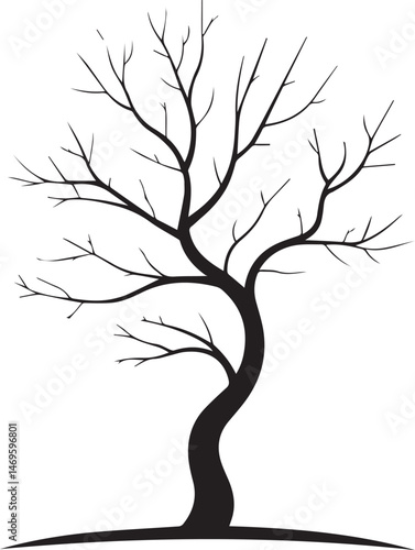 A black tree silhouette vector illustration shows a plant with roots, branches, and leaves, a design often found in nature art